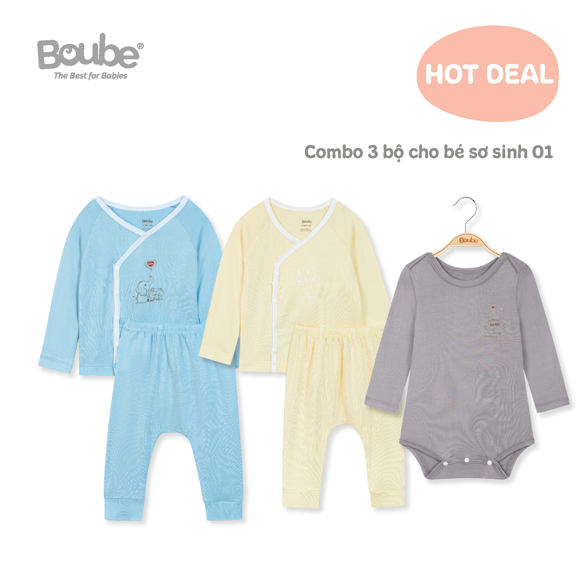Combo SS01, 3 bộ quần áo dài tay và body cho các bé sơ sinh vừa chào đời Boube, Vải petit mềm mịn, thoáng mát