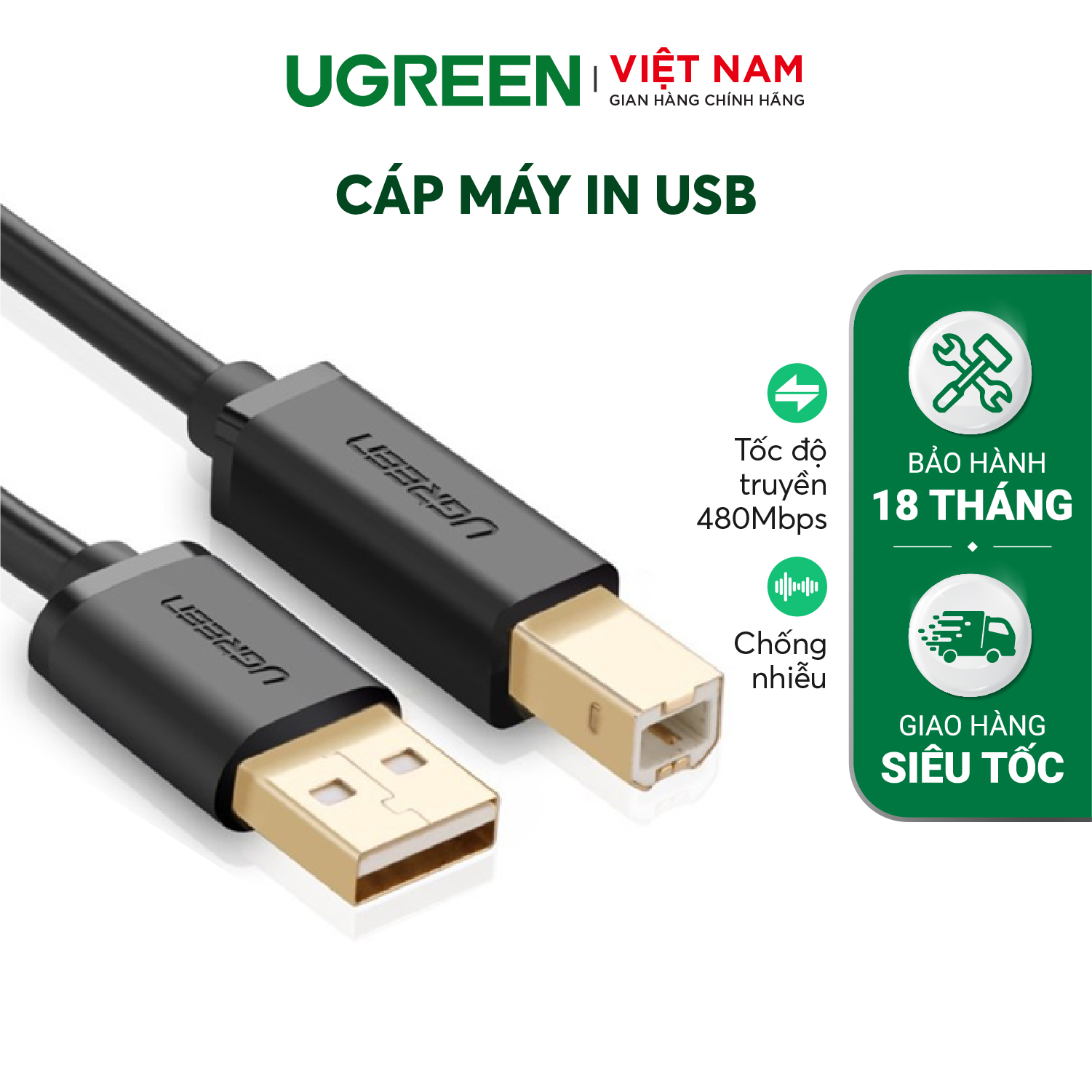 Dây máy in USB 2.0 chuẩn A đực sang chuẩn B đực độ dài từ 1-5m UGREEN US135 - Hàng Chính hãng 