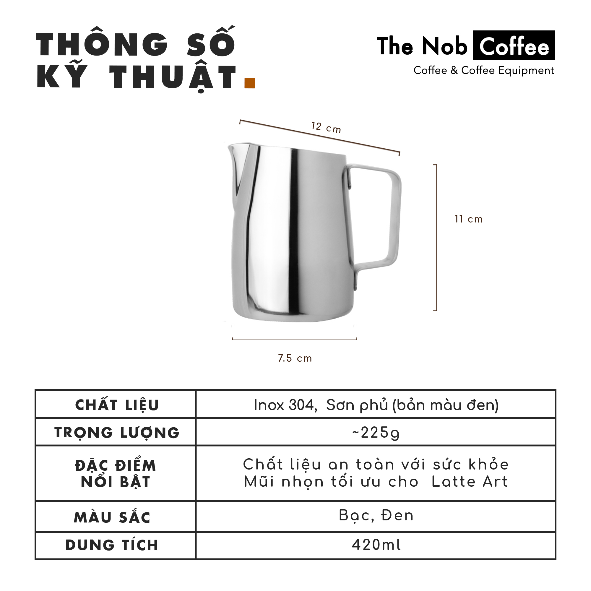 Ca đánh rót sữa mũi xiên inox dung tích 420ml làm Latte Art, Cappuccino, vv...