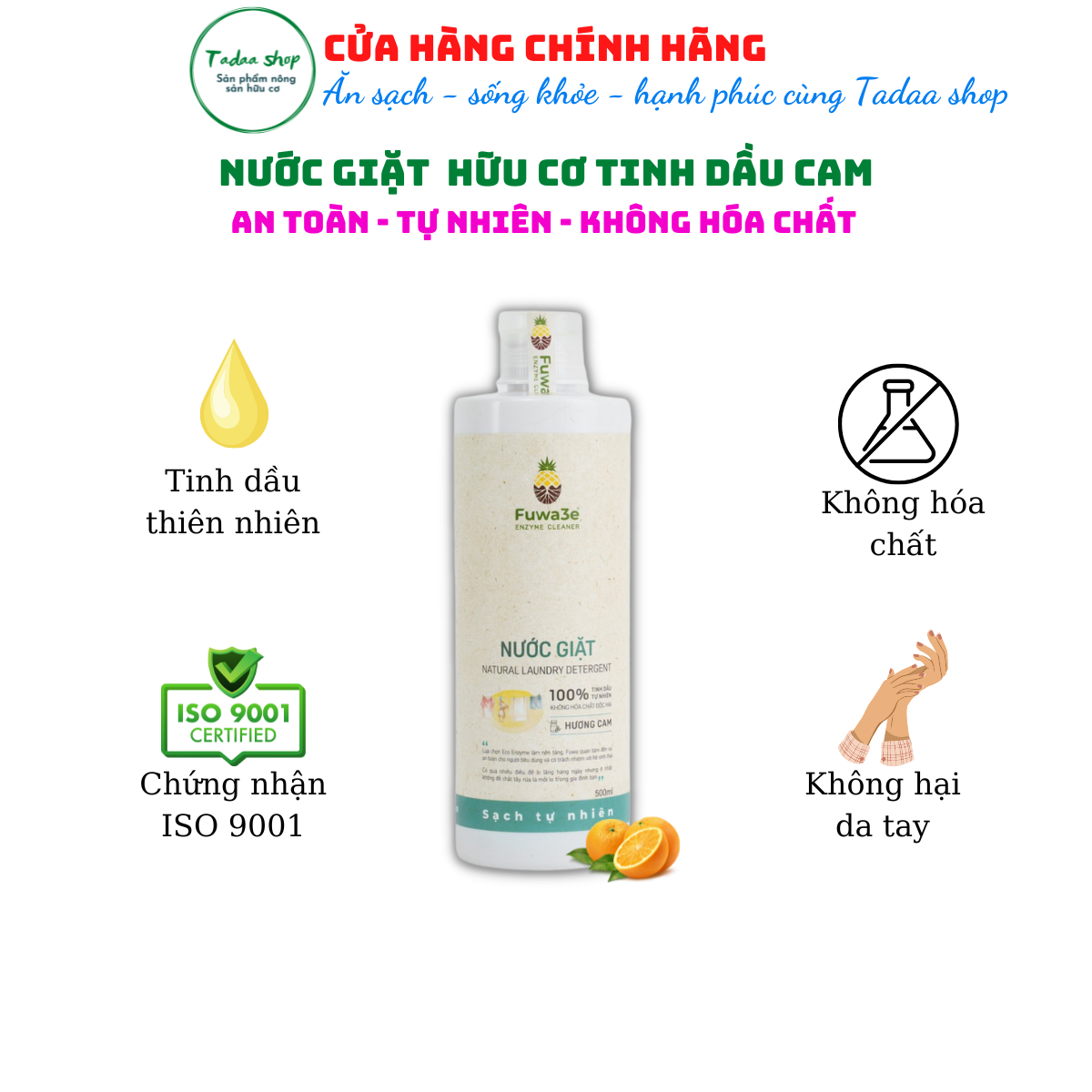 Nước giặt hữu cơ Organic Fuwa3e hương cam sạch nhanh tiết kiệm nước, không hại da tay chai 500ml