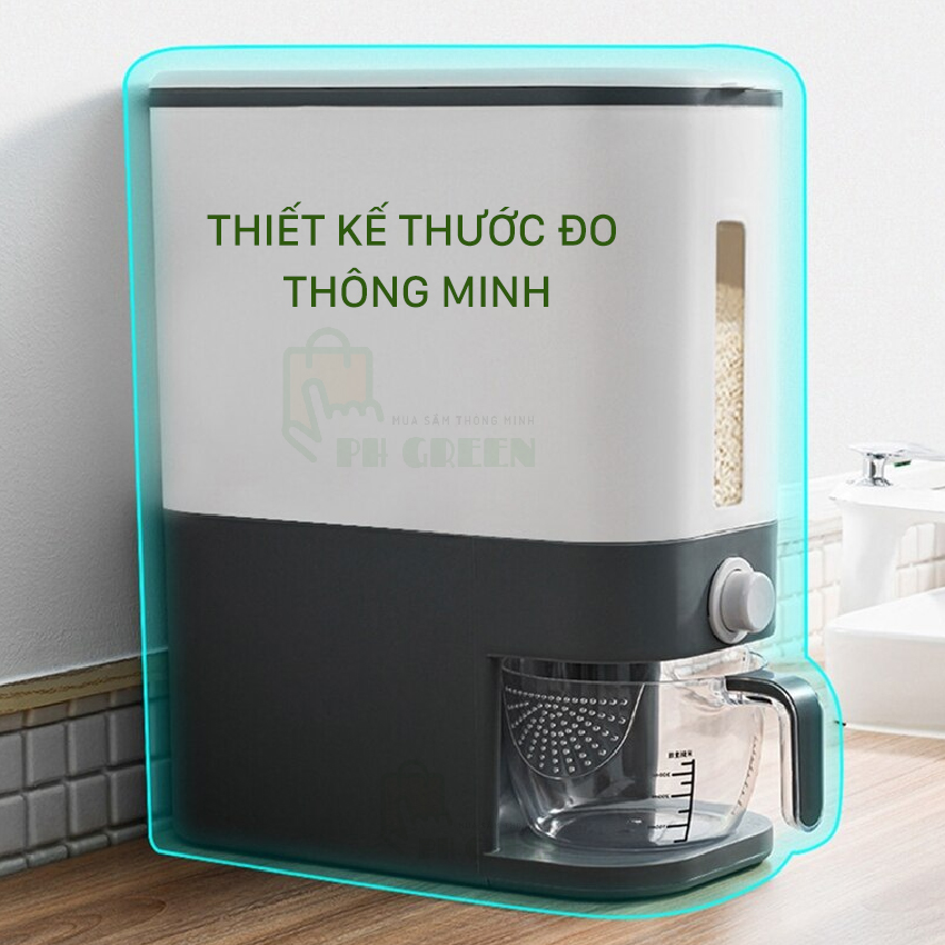 [ Freeship Max] Thùng Đựng Gạo Thông Minh Nhật Bản 12kg, Thiết Kế Dạng Ấn Nút, Chất Liệu Nhựa ABS Cao Cấp, Tặng Kèm Cốc Đựng Gạo