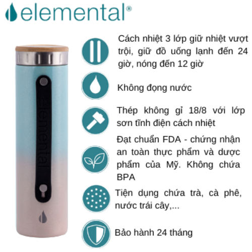 [Hàng chính hãng – Thương hiệu Mỹ] Bình giữ nhiệt Elemental Iconic màu candy 590ml, giữ nhiệt vượt trội, inox 304, FDA Hoa Kì, An toàn sức khỏe, có lưới lọc