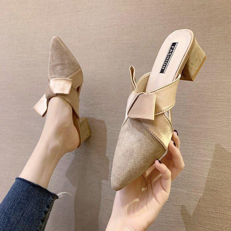 Dép cao gót mũi nhọn đính nơ thời trang mùa hè hàng mới dành cho bạn nữ 2021