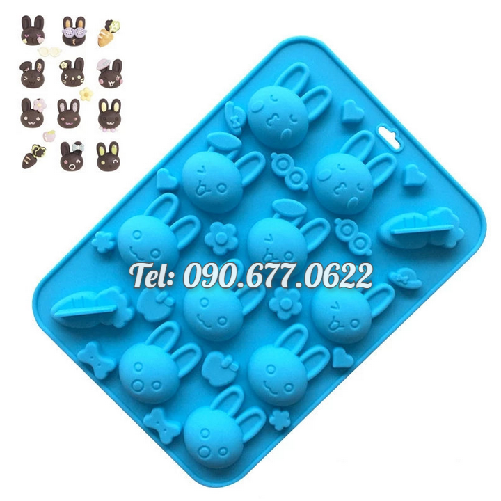 Khuôn silicone làm rau câu, kẹo dẻo, socola 12 thỏ con, cà rốt - Mã số 1342