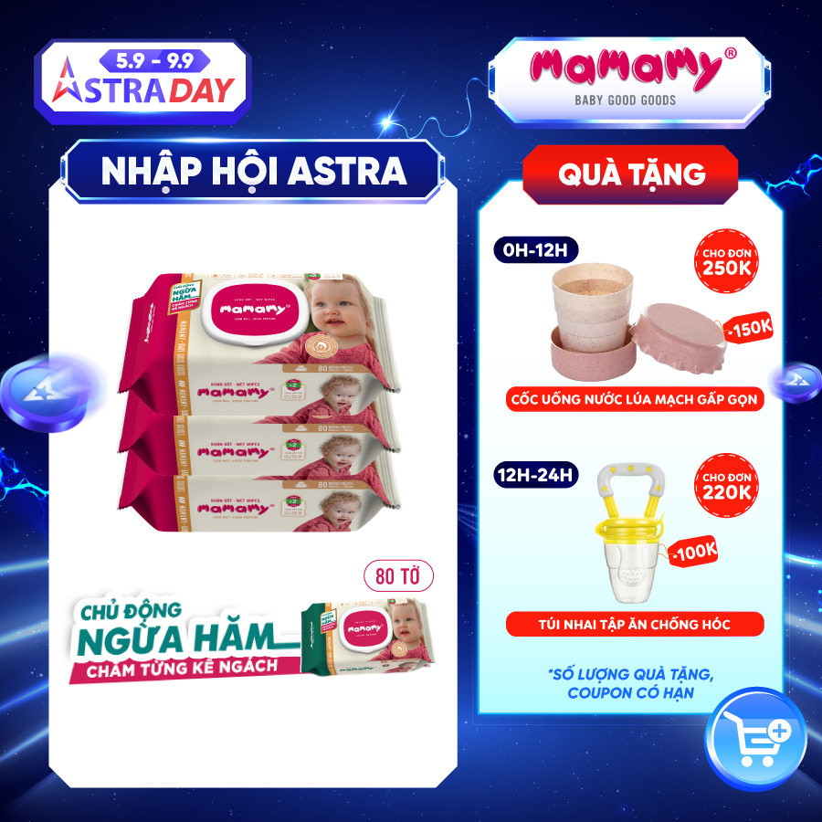 Combo 3 gói khăn ướt ngừa hăm, rôm sảy Mamamy 80 tờ/gói, kháng khuẩn, an toàn cho trẻ sơ sinh