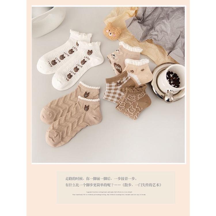 T18 -Tất vớ nữ cổ ngắn dễ thương cotton hình gấu màu be mỏng thoáng Urbanize - Chọn ngẫu nhiên