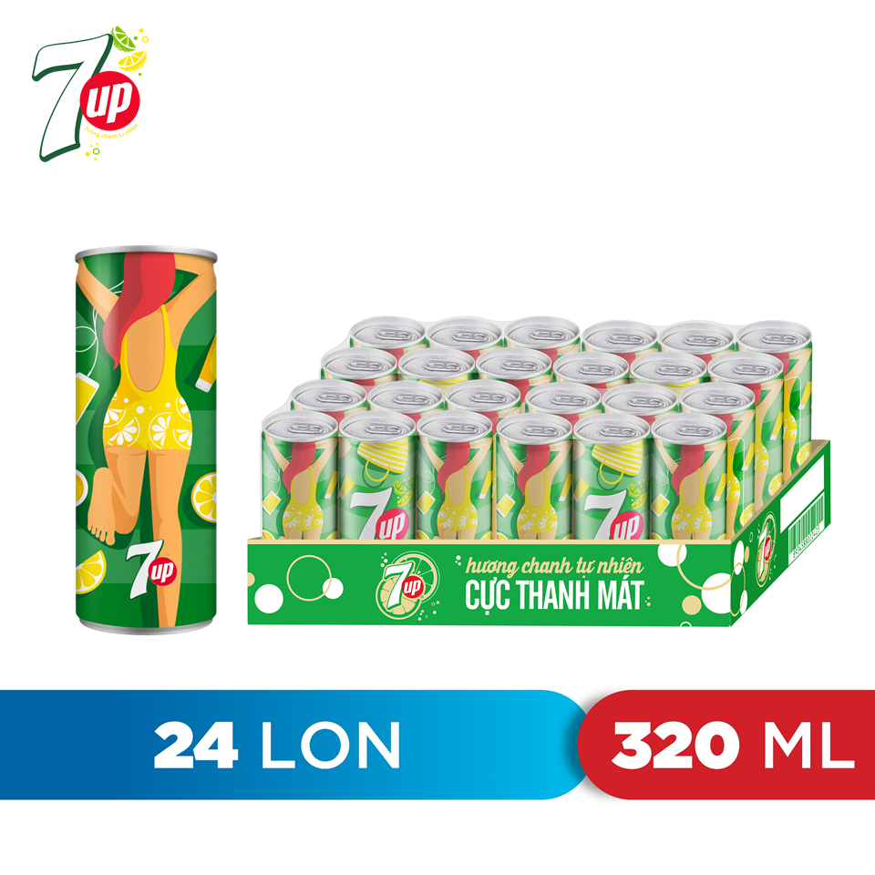 Thùng 24 Lon Nước Ngọt Có Gaz 7Up lon xanh (320ml/lon)