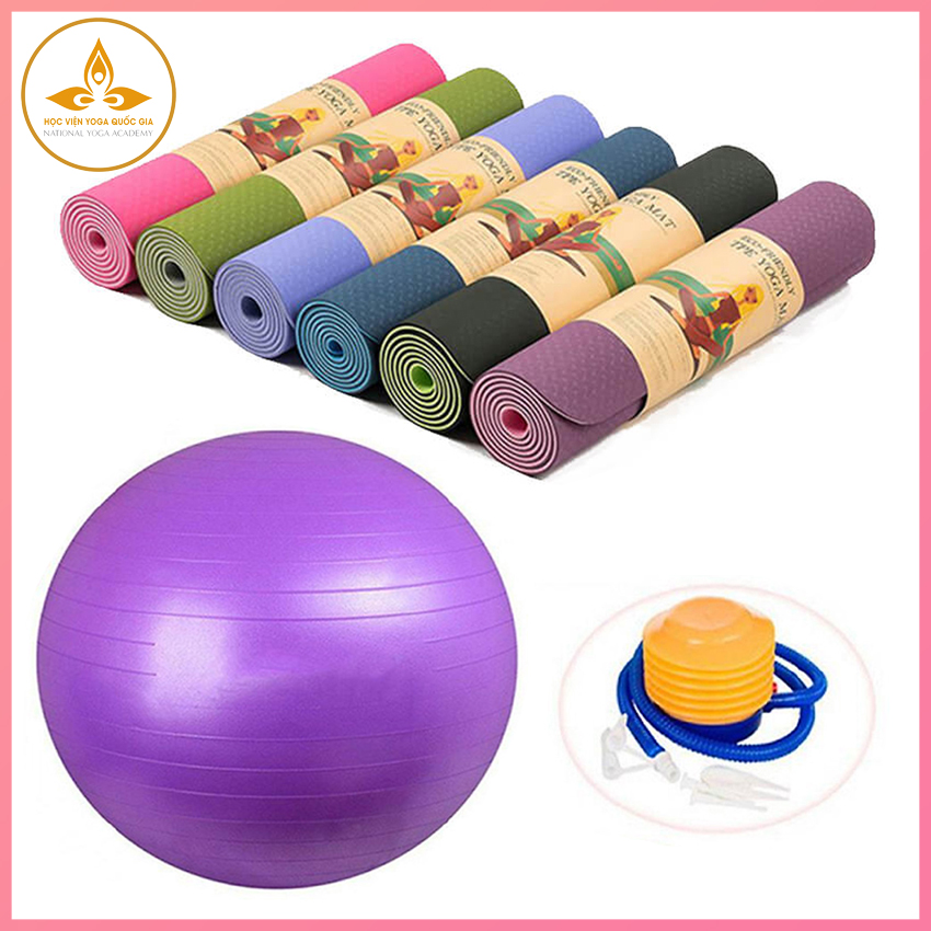 Combo Thảm Tập Yoga 6mm, Bóng Tập Yoga Trơn 65cm - YOGA QG, Thảm 2 Lớp TPE Cao Cấp, Chống Trơn Trượt, Thấm Hút Mồ Hôi, Mềm Mượt, Không Gây Kích Ứng; Bóng Chất Liệu PVC Cao Cấp, Không Mùi, Co Giãn, Đàn Hồi Tốt, Tặng Bơm Bóng - Hàng chĩnh hãng