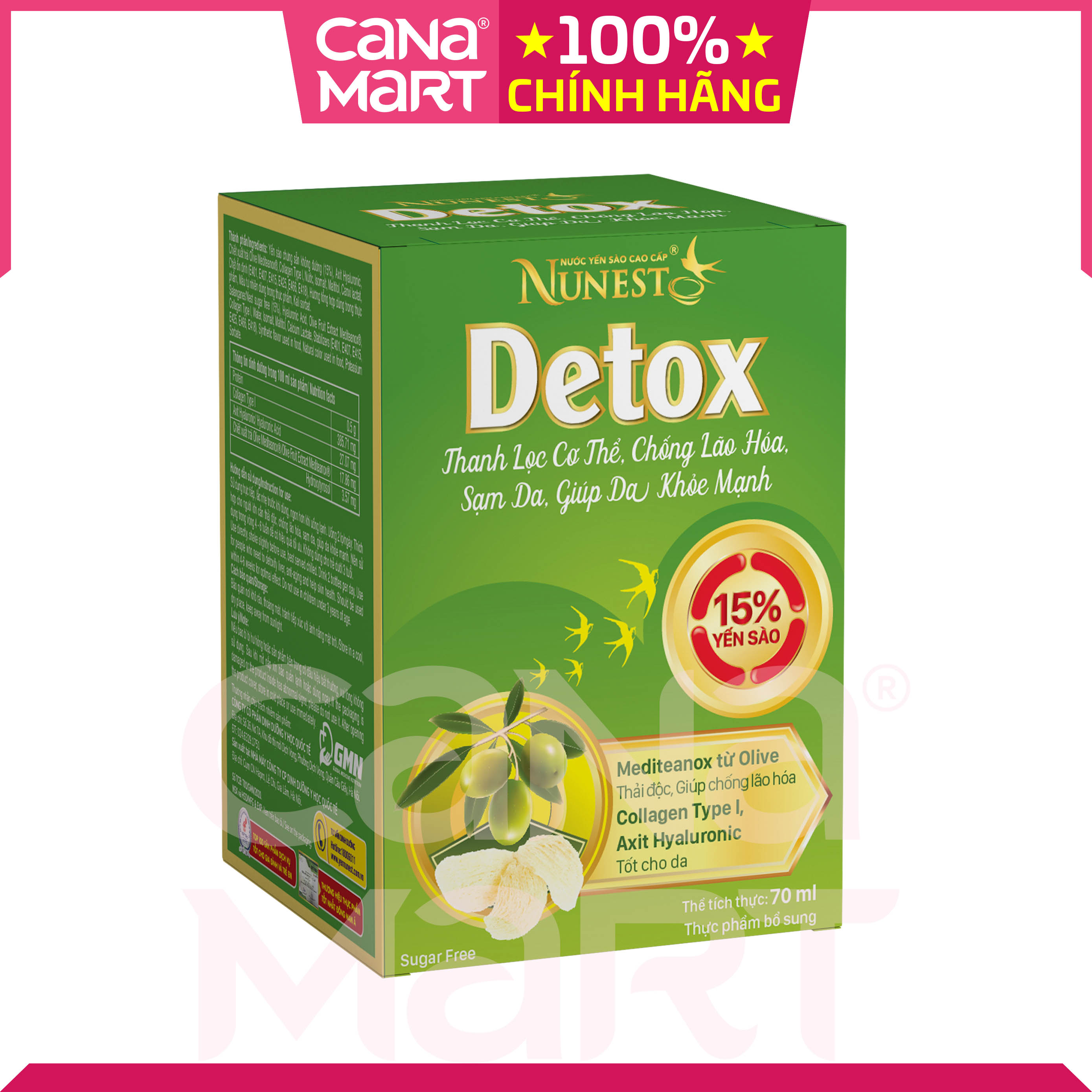 [Hộp 6 lọ x 70ml] Nước yến sào cao cấp Nunest DETOX thanh lọc cơ thể, trắng da, khỏe đẹp