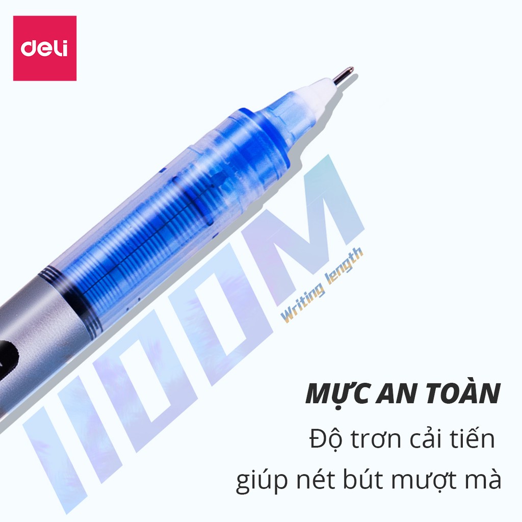 Bút lông kim mực gel nước ngòi 0.5mm mực xanh Deli EQ300 I Bút viết siêu nhanh khô viết êm trơn - 1 cây