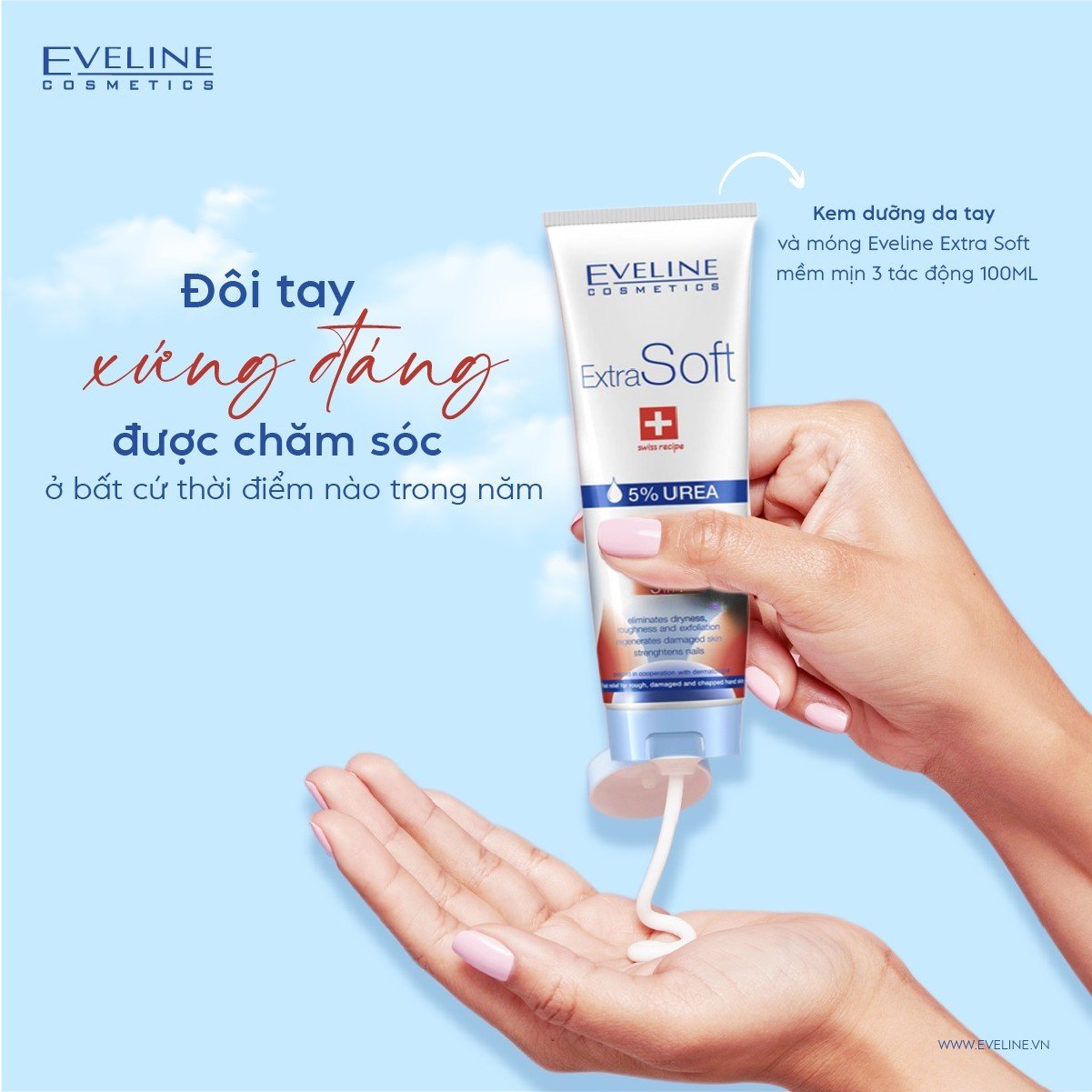 Kem Dưỡng Mềm Mịn Da Tay Và Dưỡng Móng 3 Trong 1 Eveline Extra Soft (100ml) - EVEL3395