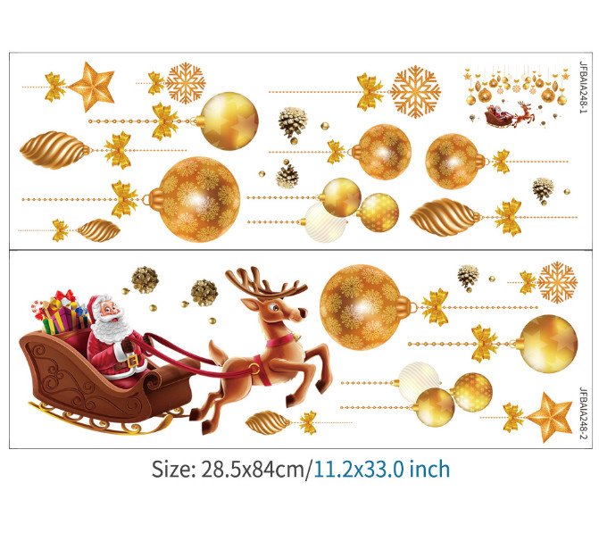Decal trang trí Noel - Ông già Noel cưỡi tuần lộc và rèm châu vàng