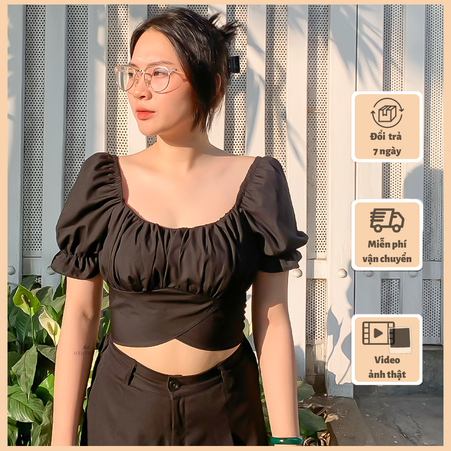 Áo Croptop ôm body thiết kế tay phồng nhẹ nhàng thắt nơ siêu xinh phong cách sang chảnh A21