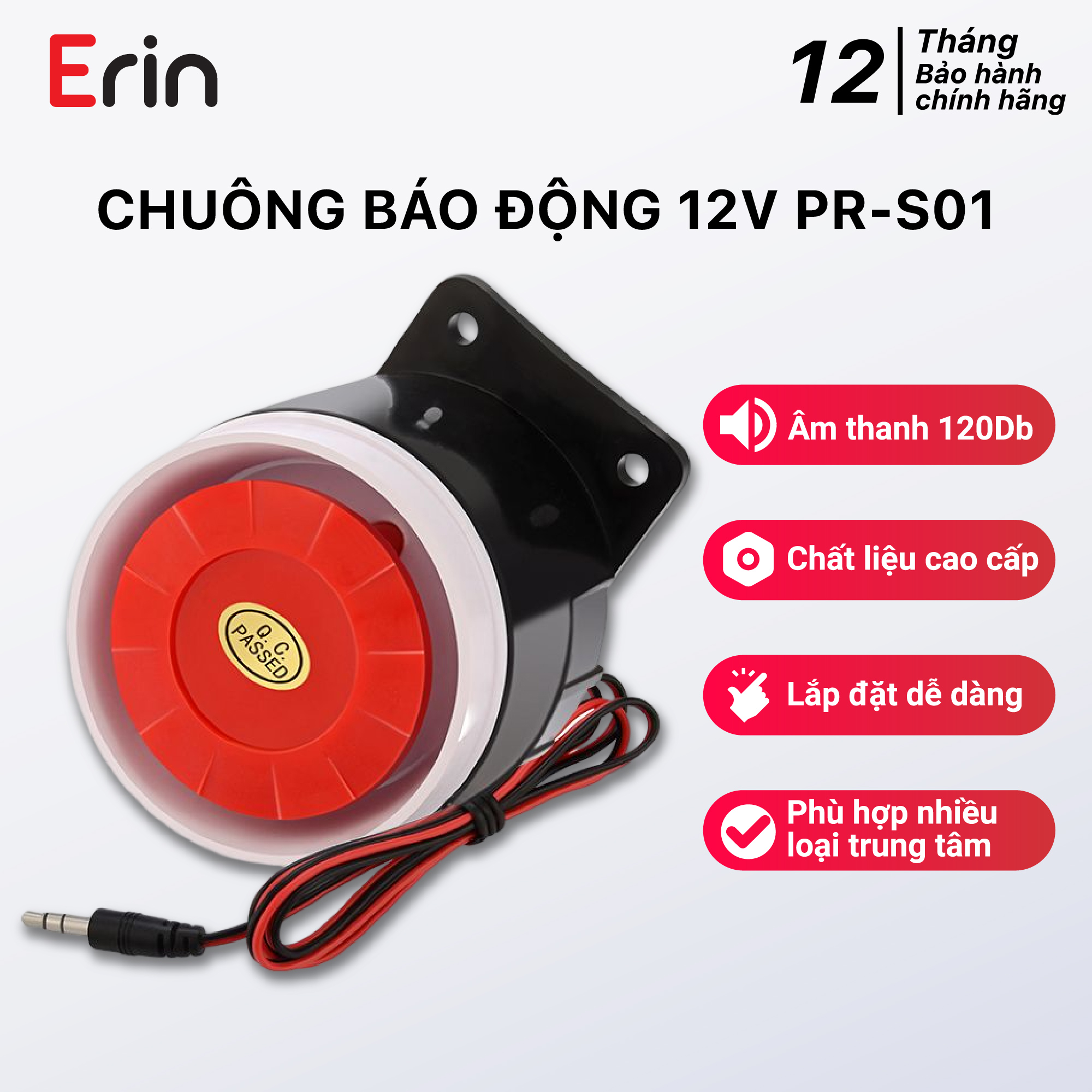 Còi hú báo động chống trộm 12V PINGRON PR-S01 - Âm thanh báo động 120Db, jack kết nối 3.5mm, phù hợp nhiều loại trung tâm