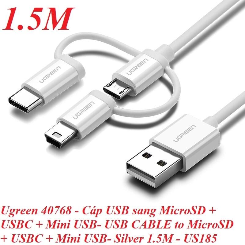 Ugreen UG40768US185TK 1.5m màu Bạc Cáp dữ liệu USB 3trong1 micro + lightning + mini USB - truyền dữ liệu từ máy tính ra điện thoại - HÀNG CHÍNH HÃNG