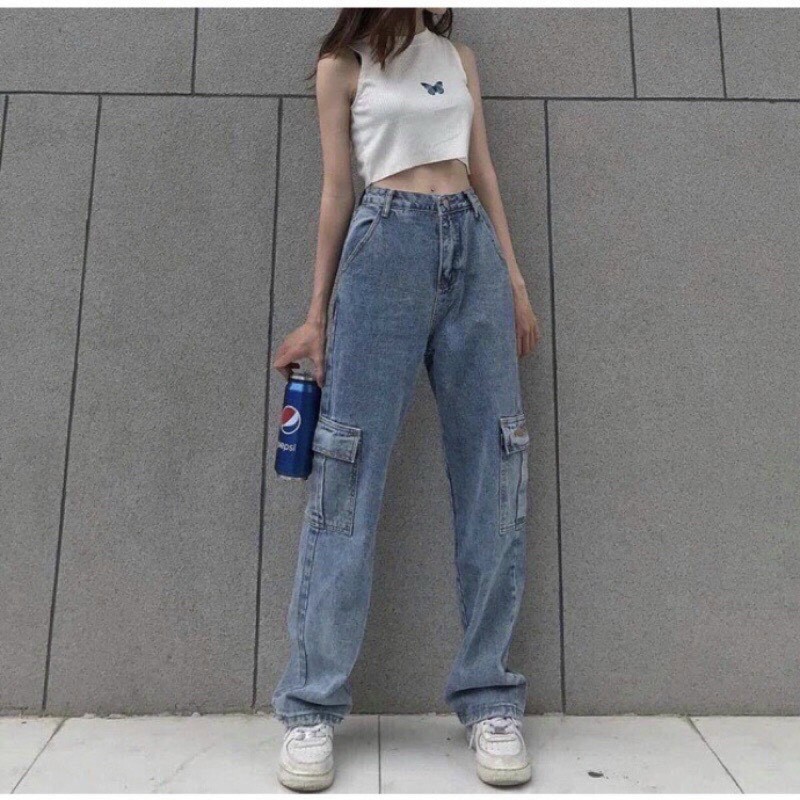 Quần Baggy Jean Nữ Ống Suông Túi Hộp Hai Bên