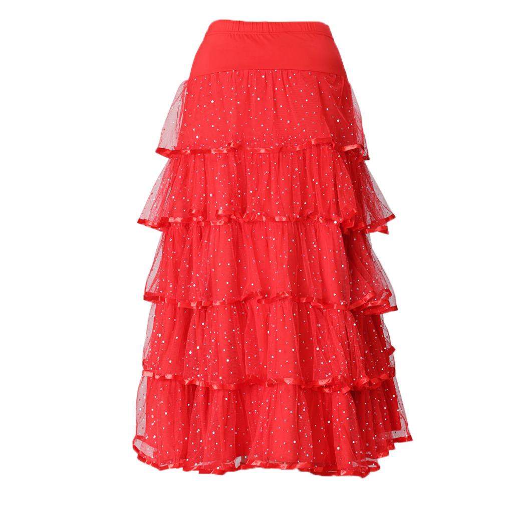 Womens Full Wing Flamenco Ballroom Modern Dance Skirt Full Swing Mesh Skirts