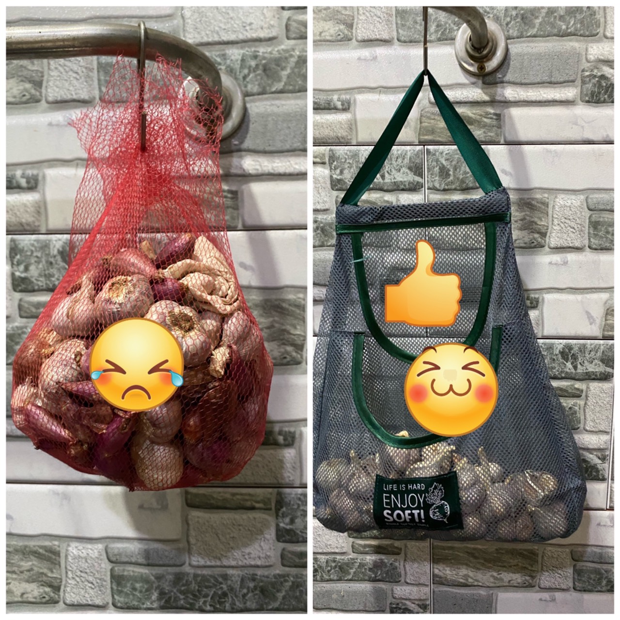 Túi Treo hành tỏi - Lưu Trữ Hành Tỏi Tránh Mốc Lưới Đan ENJOY SOFT, Màu Xanh Xám, Hình Tháp
