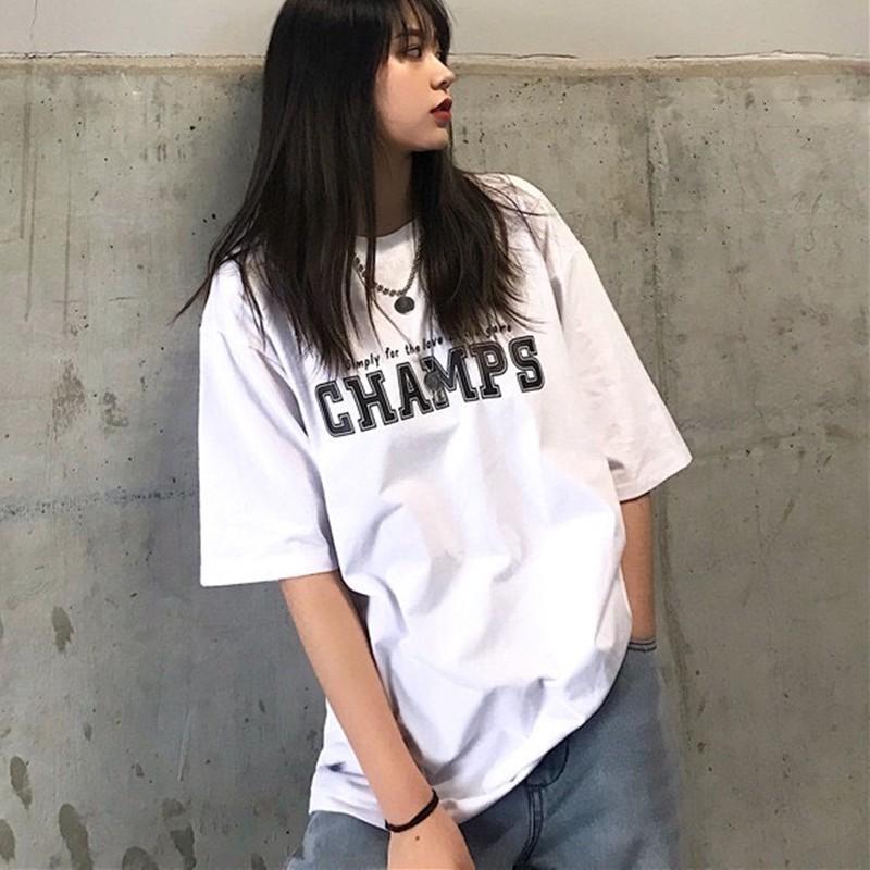 Áo thun nam nữ unisex tay lỡ phông form rộng teen cổ tròn oversize cotton giá rẻ basic đen trắng tee pull CHAMPS