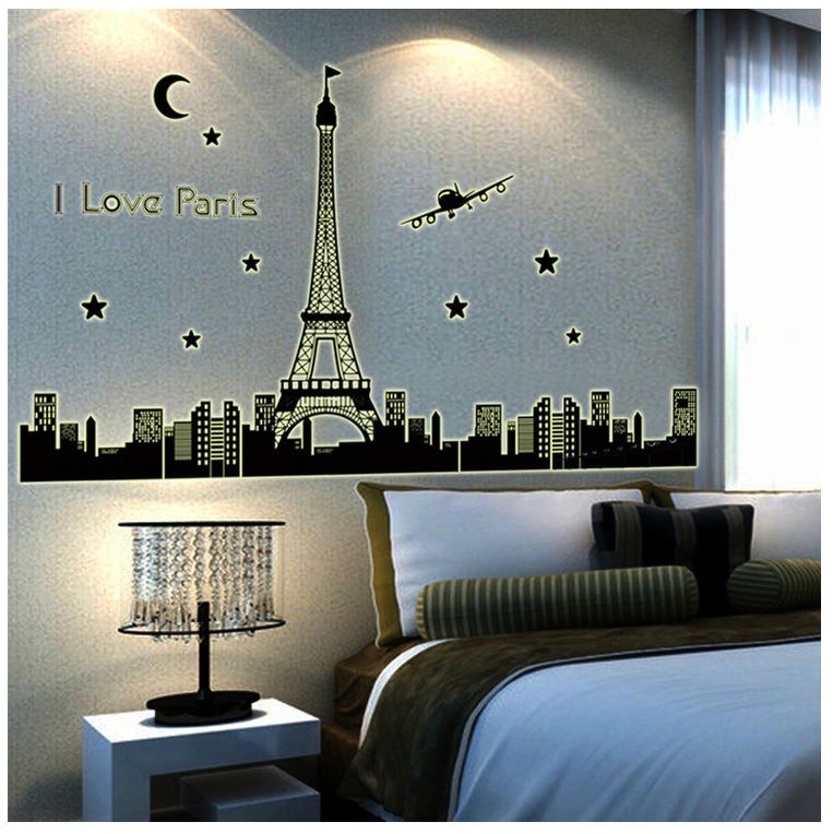 Decal dán tường phát quang thành phố Paris trang trí phòng ngủ, phòng khách sang trọng (92 x 160 cm)