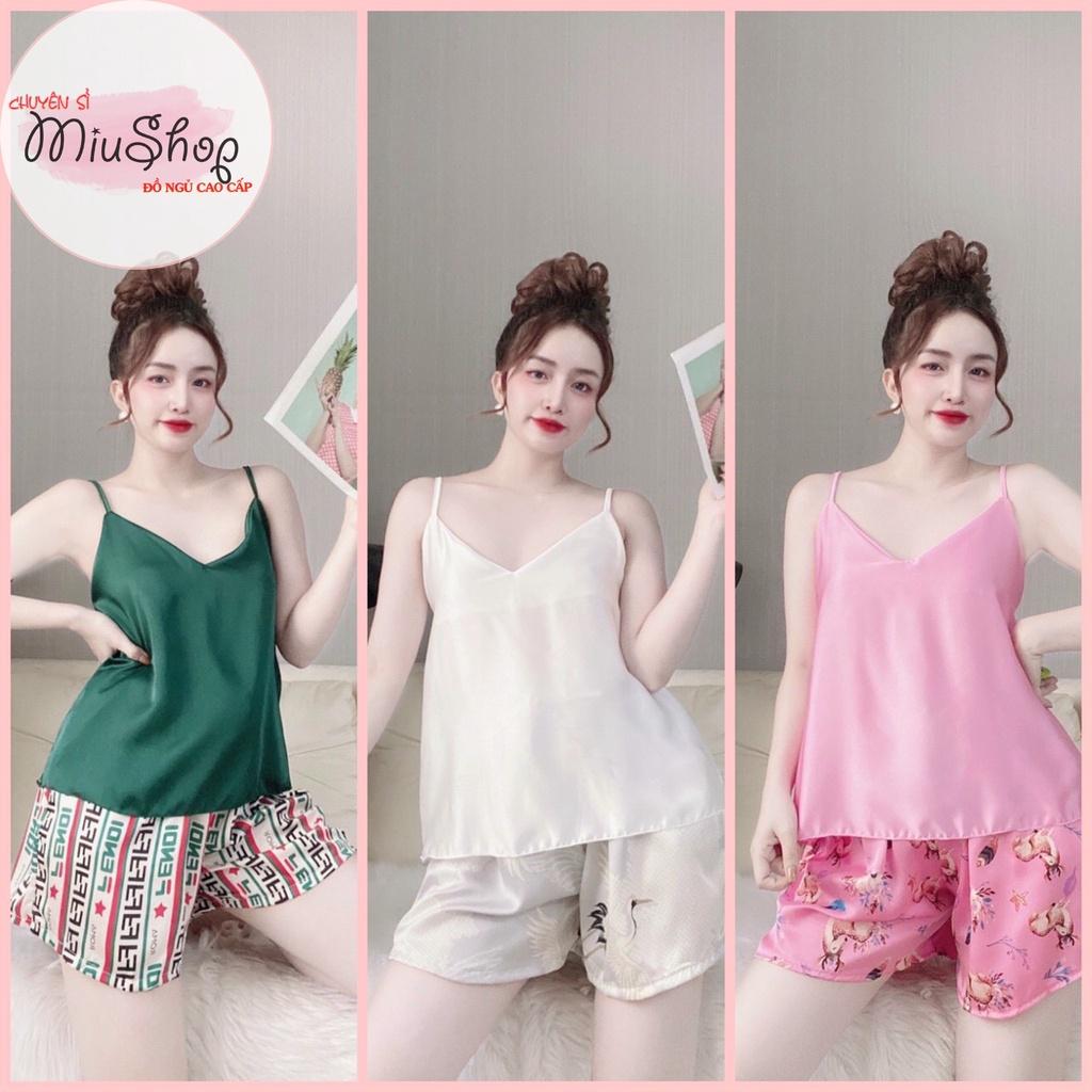 Sét đồ bộ 2 dây lụa satin phối quần họa tiết dễ thương đồ ngủ lụa mặc nhà freesize