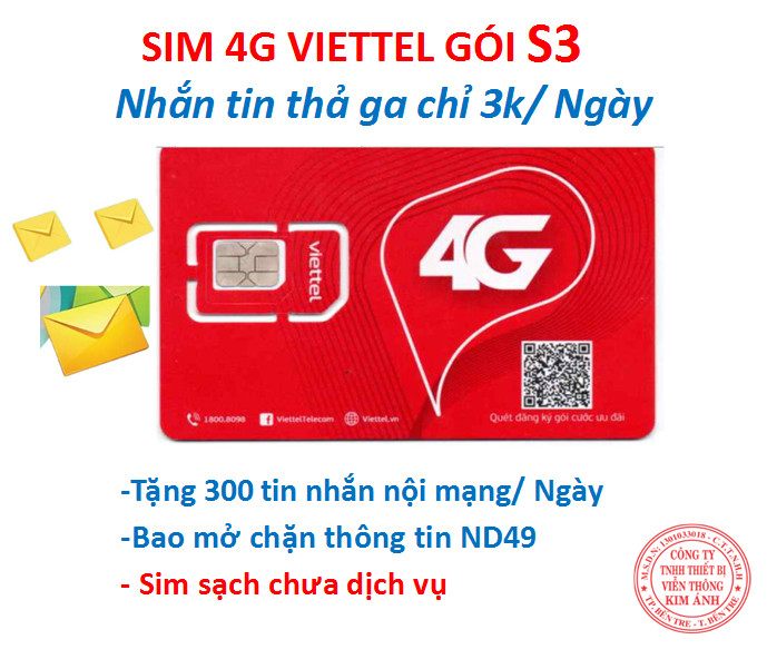 Bao chặn - Sim nghe gọi Viettel GÓI CƯỚC S3 ƯU ĐÃI 300 SMS MIỄN PHÍ CHỈ 3K/1 NGÀY, Miễn phí tin nhắn, Hàng chính hãng