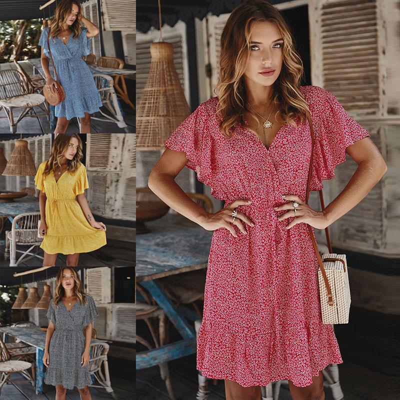 Women Summer Floral Print Dress Ruffles Short Sleeves V Neck Drawstring Tied Waist Boho Holiday Beach Party Casual Mini