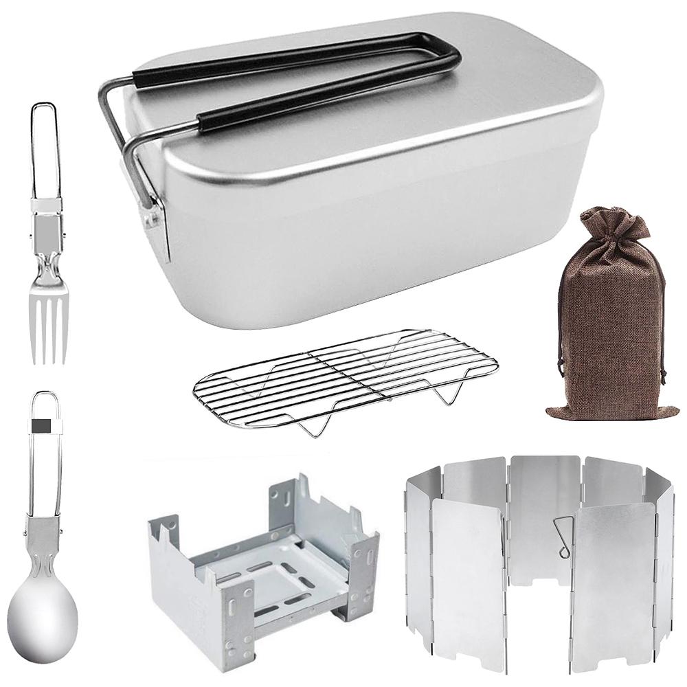 Bộ Combo Bếp Gấp Min Hộp cơm nhôm cao cấp có tay cầm Giá hấp Kính chắn gió Bộ Nĩa Gấp Thìa