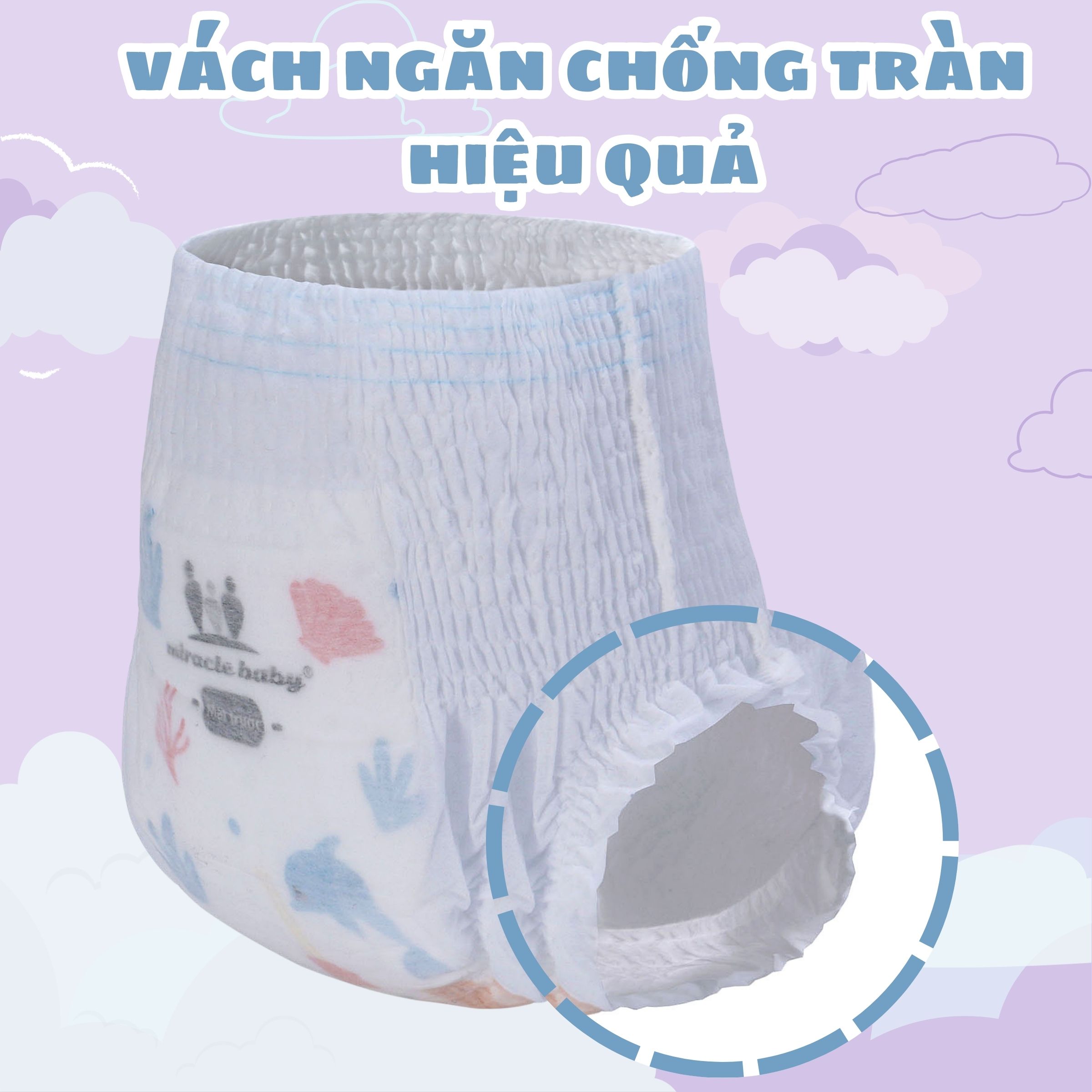 Tã quần / Bỉm quần Miracle Baby cho bé sơ sinh chất liệu Protein tơ tầm có 5 size M/L/XL/XXL