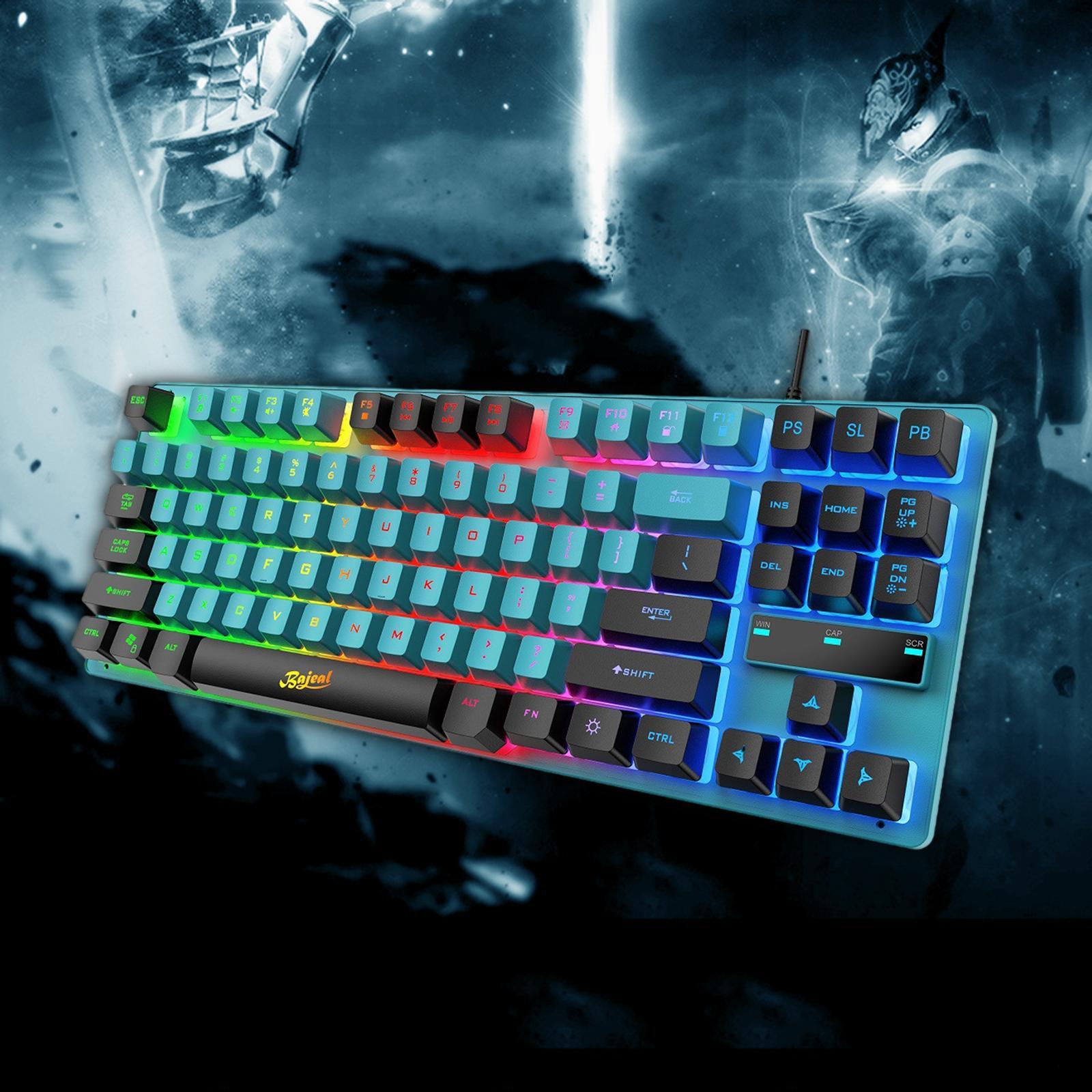 USB Gaming Keyboards 87 Keys Rainbow LED 3 Colors Backlit for PC Blue Black
