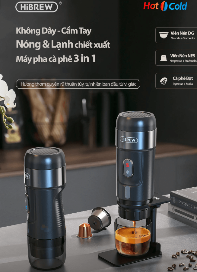 Máy pha cà phê cầm tay Espresso mini 3 trong 1, thương hiệu Mỹ HiBREW cao cấp H4A - HÀNG CHÍNH HÃNG