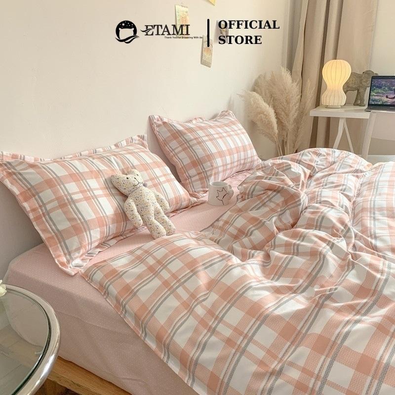 Bộ chăn ga gối đệm cao cấp cotton poly kẻ cam cute miễn phí bo chun drap giường ga trải giường P10