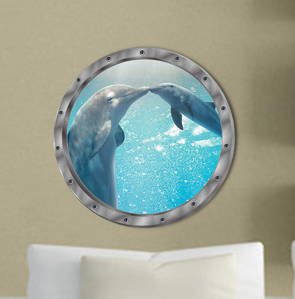 Decal trang trí tường - Cửa sổ 3D 2 mẹ con cá heo