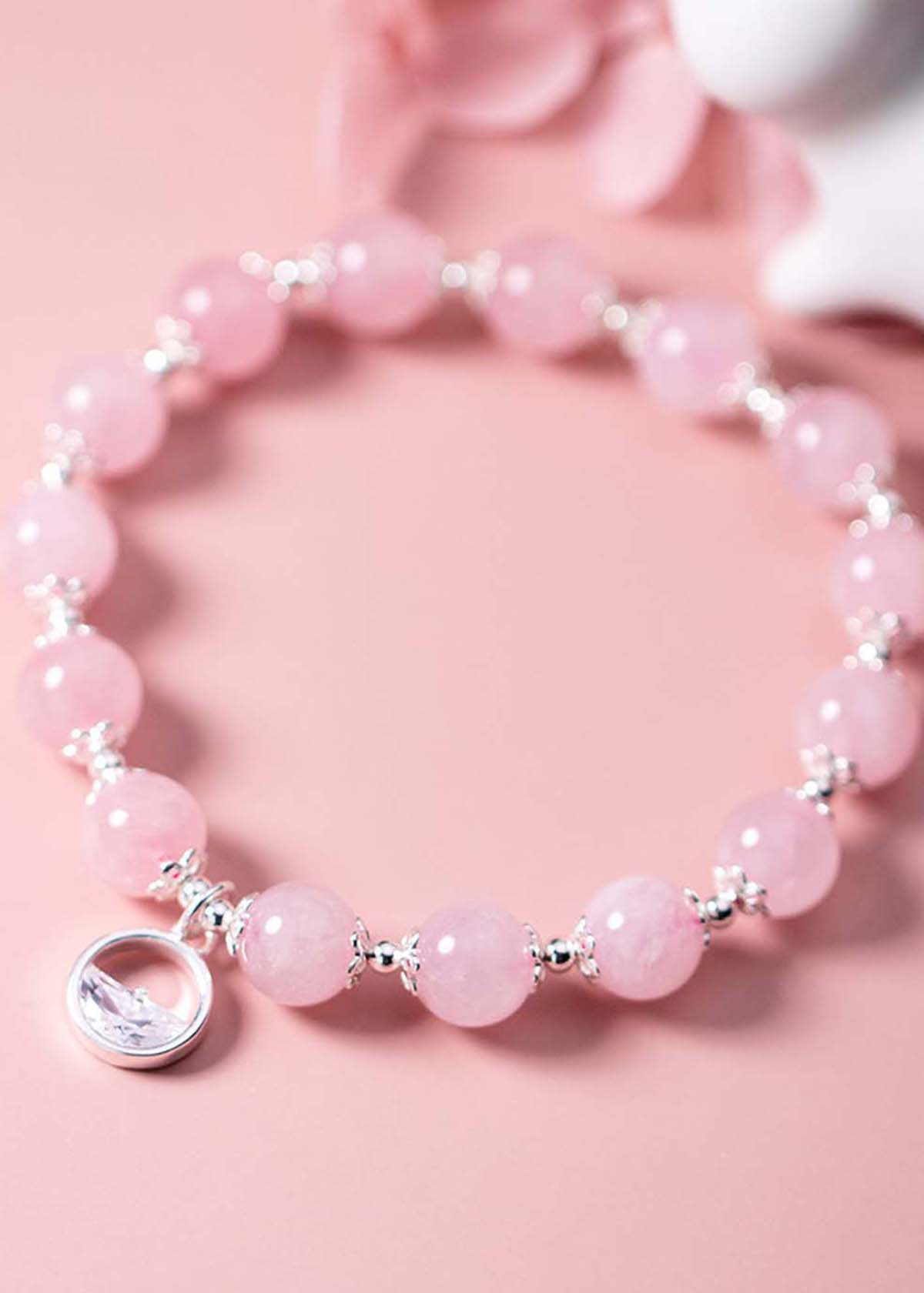 Vòng tay đá thạch anh hồng charm bạc tròn treo mệnh hỏa, thổ - Ngọc Quý Gemstones