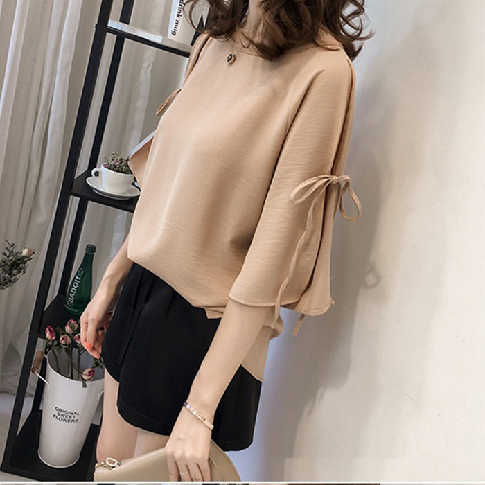 Áo kiểu nữ cổ tròn chiffon tay thắt lơ điệu đà LAHstore, thời trang hè thu 2022 - Màu da