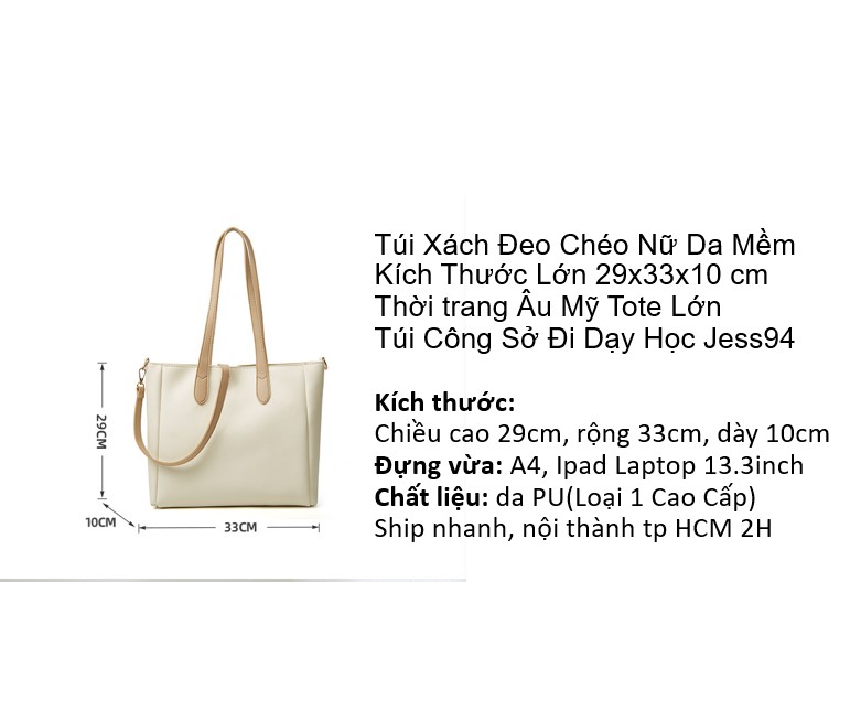 Túi Xách Nữ Da PU Nhiều Ngăn Kích Thước Lớn 29x33x10 cm Có Khóa Kéo Tote Đeo Chéo Lớn Túi Công Sở Đi Dạy Học Jess94