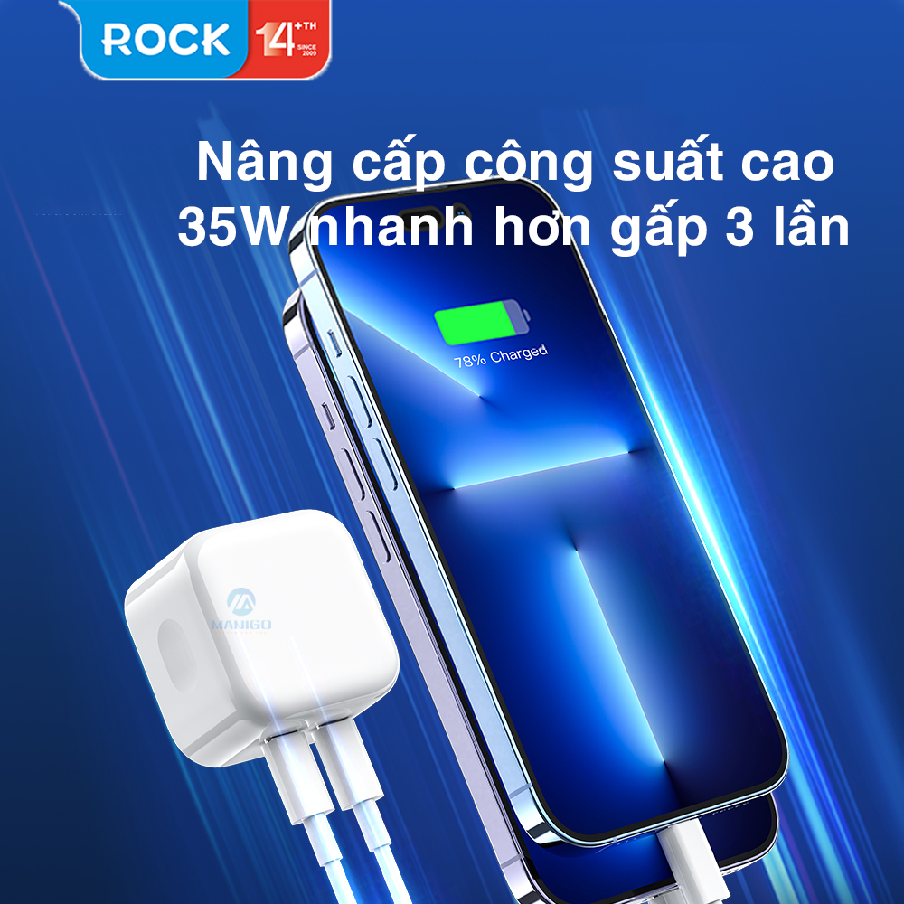 Củ sạc nhanh Rockspace T58 2 cổng TypeC sạc nhanh 35w sạc ổn định hàng chính hãng bảo hành 12 tháng