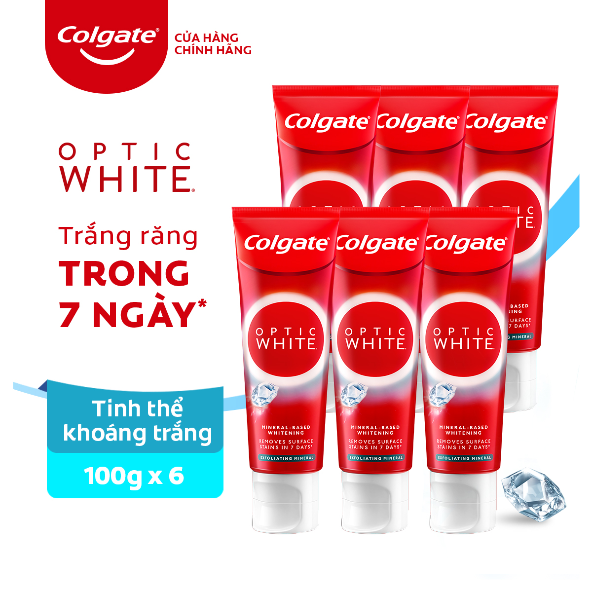 Bộ 6 Kem Đánh Răng Colgate trắng răng Optic White Exfoliating Mineral từ khoáng trắng cho răng sáng bóng 100g/tuýp