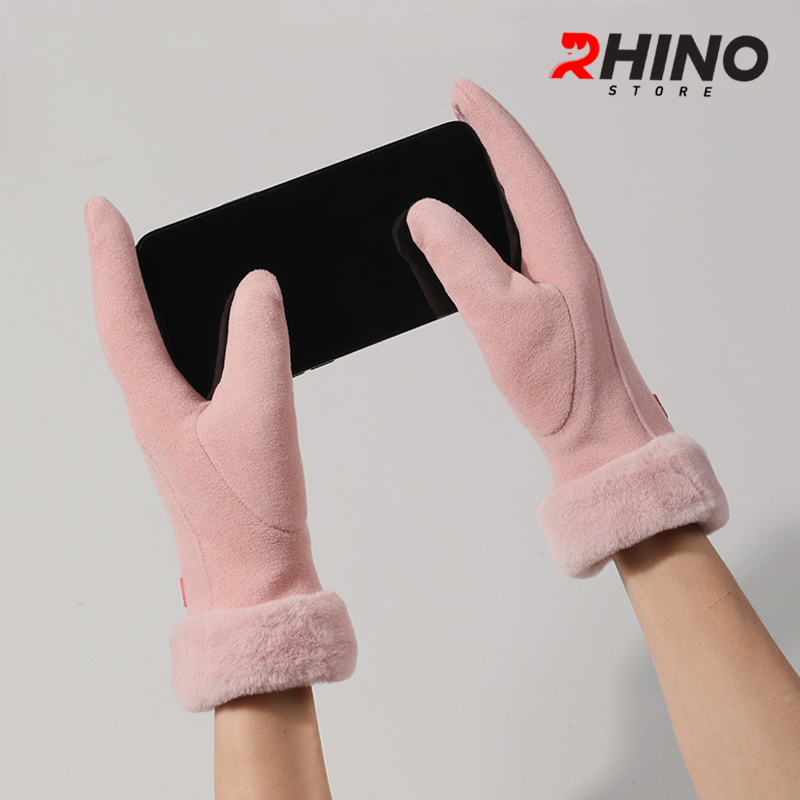 Găng tay nữ da lộn lót lông giữ ấm, chống gió Rhino G902 cảm ứng điện thoại, đi xe máy freesize