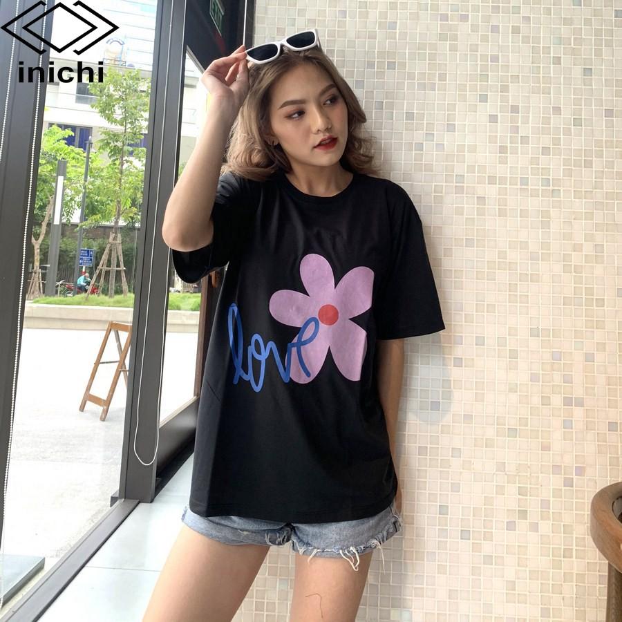 Áo thun unisex INICHI A578 tay lỡ form rộng hình in hình Love hoa 5 cánh