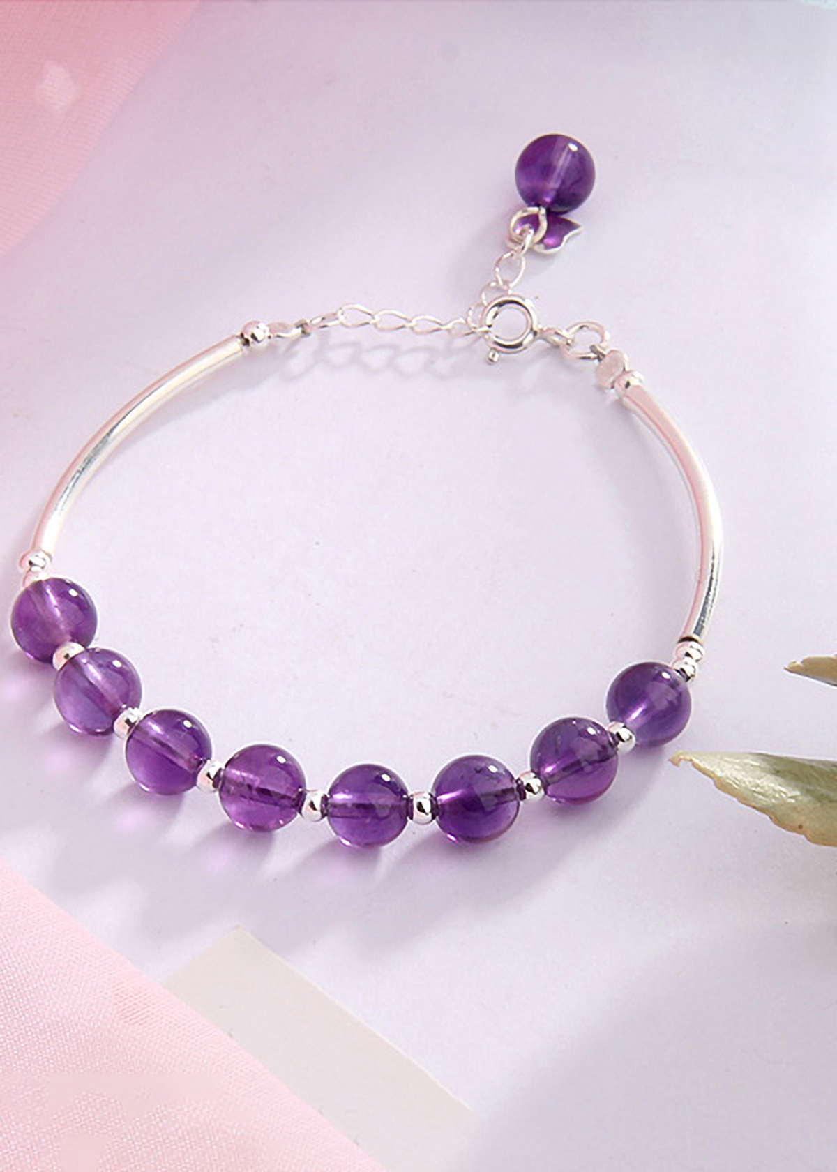 Vòng tay đá thạch anh tím phối charm ống bạc mệnh hỏa, thổ - Ngọc Quý Gemstones