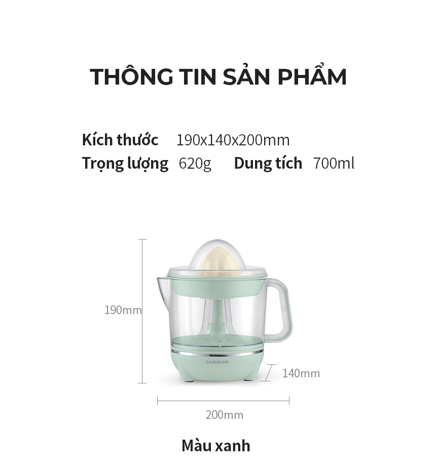 Máy Vắt Cam Lock&amp;Lock 700ml màu xanh mint EJJ231MIT - Hàng Chính Hãng, Xoay Ép 2 Chiều Cho Nhiều Nước Cam, Bảo Hành 24 Tháng - JoyMall