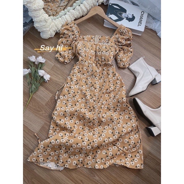 Đầm hoa nhí cổ vuông tay phồng cột nơ lưng tiểu thư