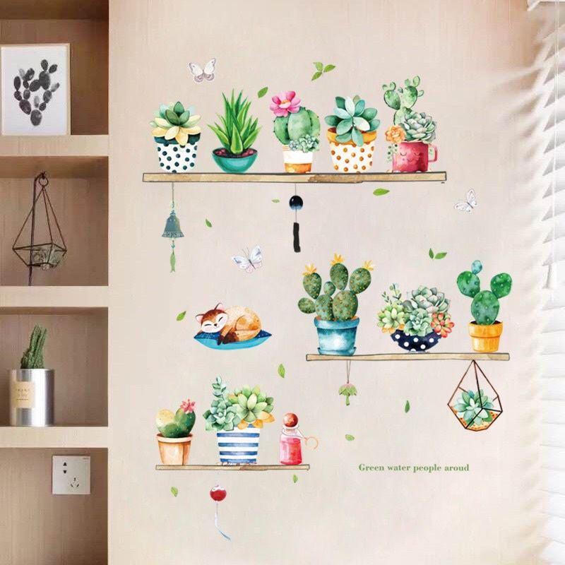 Decal dán tường kệ cây và mèo