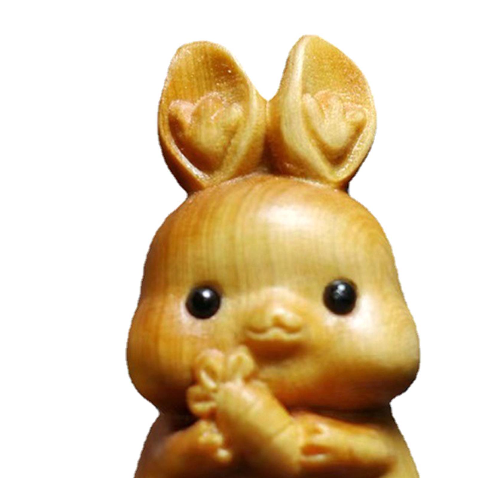 Wood Carving Rabbit Statue Crafts DIY Collectibles Desktop Ornament Miniature Figurine Sculpture for Bookshelf Desktop Living Room