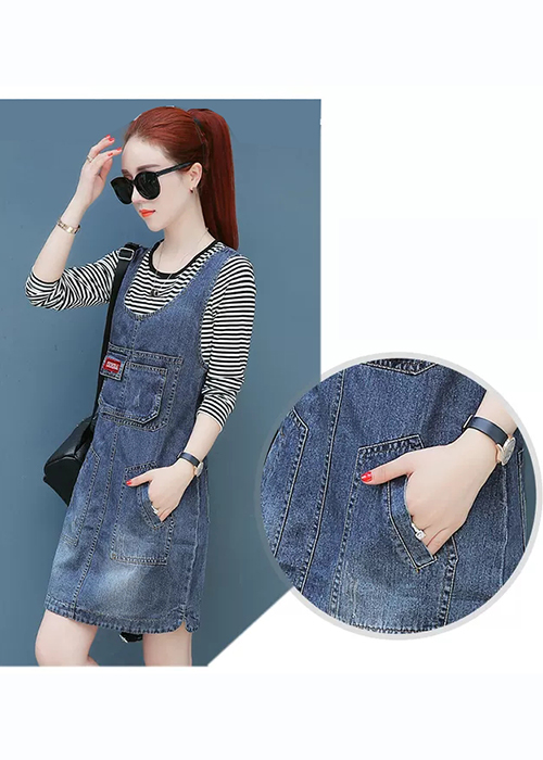 Đầm Yếm Jean Nữ Thêu Logo Thời Trang