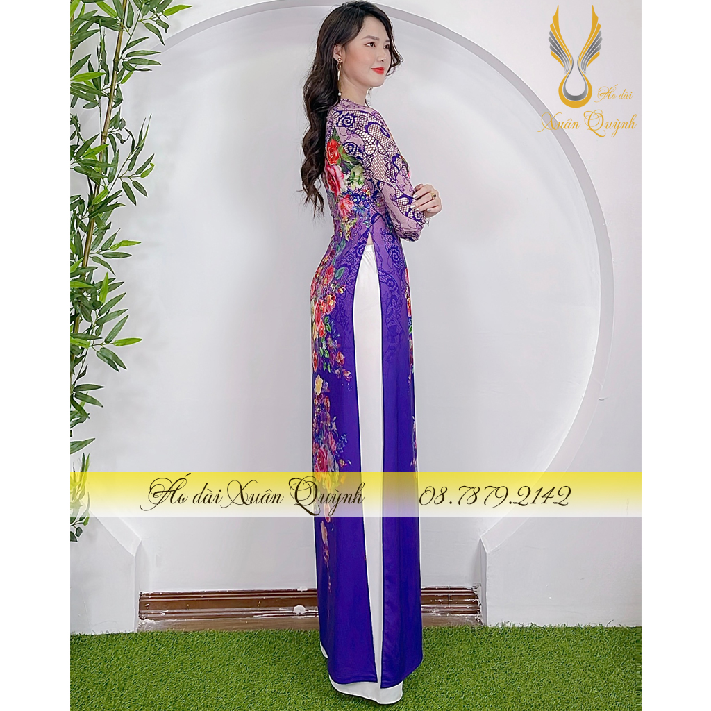Áo Dài Hoa Hồng Đa Sắc Màu Duyên Dáng, Thanh Lịch, Dịu Dàng Lụa Habutai Cao Cấp K05 Tím