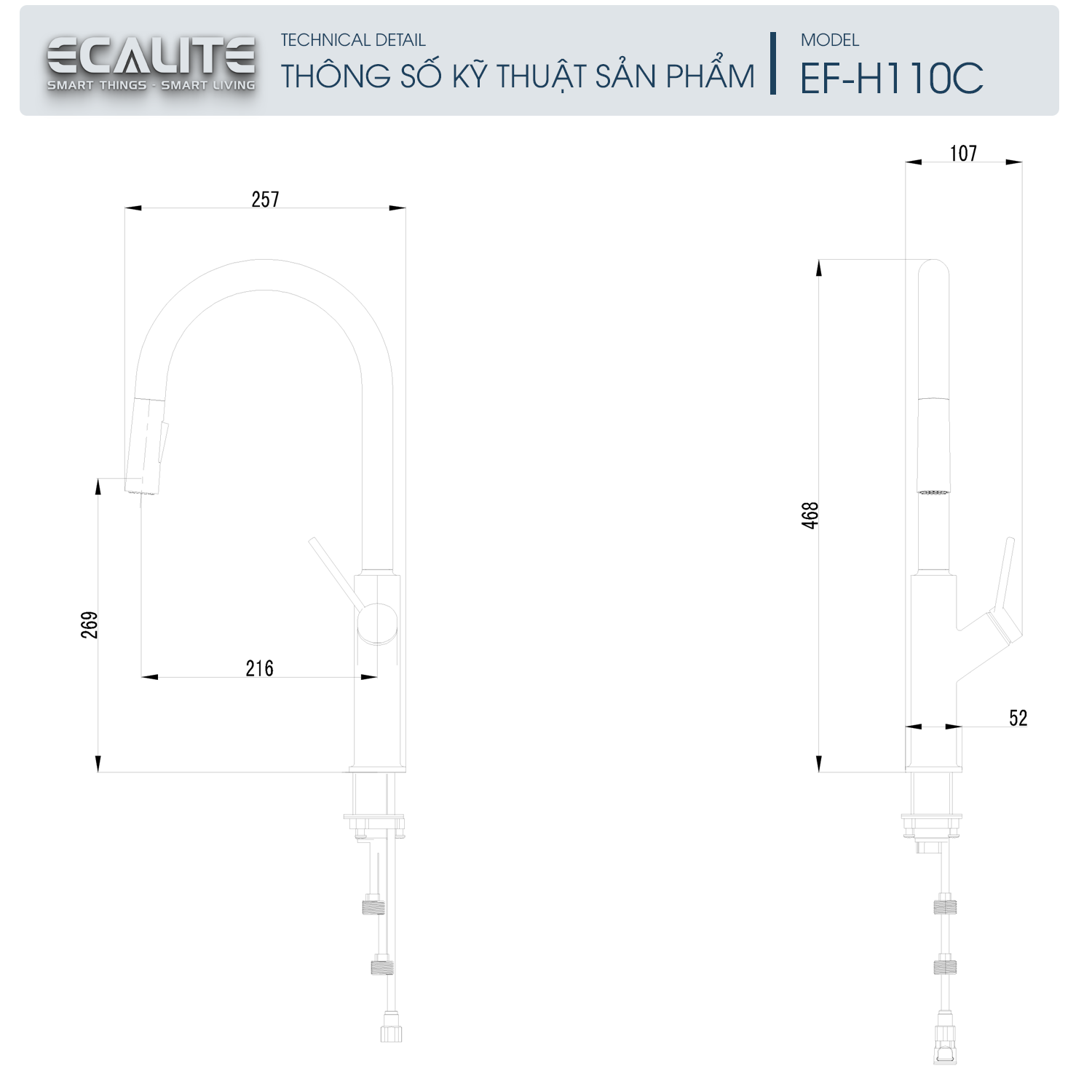 Vòi rửa chén nóng lạnh Ecalite EF-H110C - Đồng thau mạ chrome - Có dây rút - Hàng chính hãng