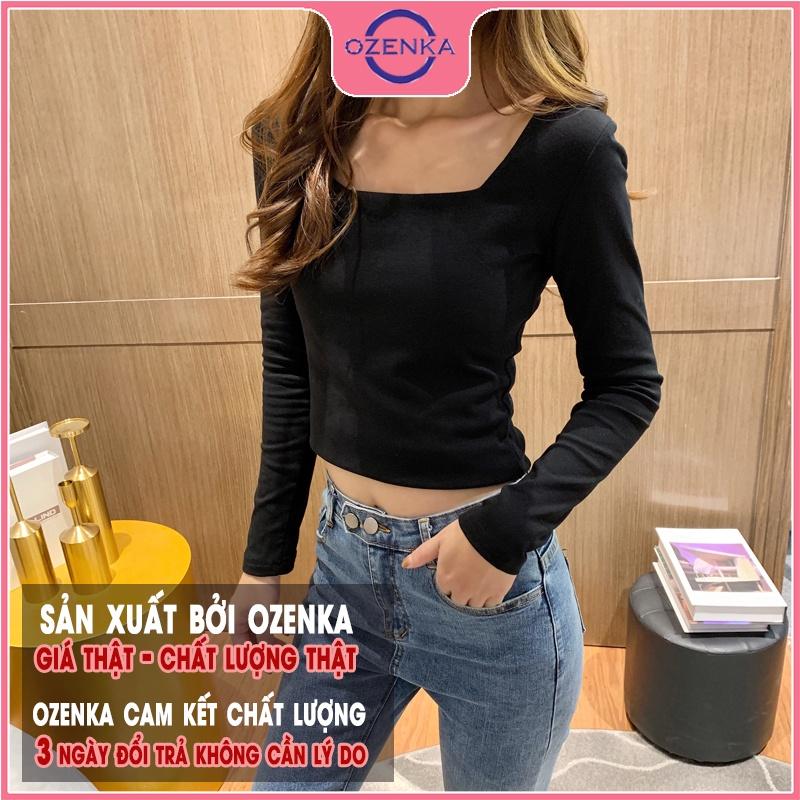 Áo croptop tay dài cổ vuông ôm nữ , crt thun gân 100% cotton màu trơn đen trắng free size dưới 52 kg