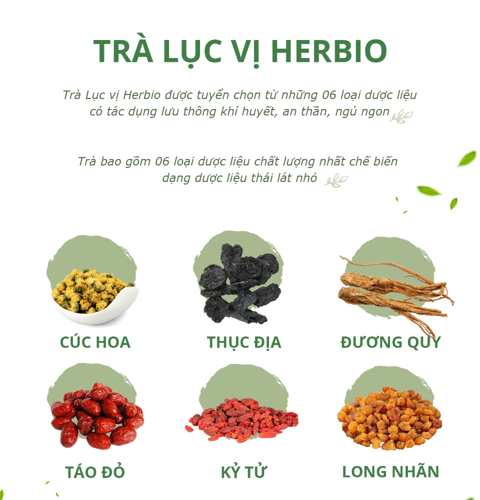 TRÀ THẢO MỘC CUNG ĐÌNH LỤC VỊ HERBIO - giúp lưu thông khí huyết, giảm đau bụng kinh, an thần, ăn ngon